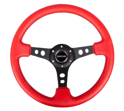 NRG Reinforced Steering Wheel (350mm / 3in. Deep) Red Leather/Blk Stitch w/Blk Spokes (Hole Cutouts)