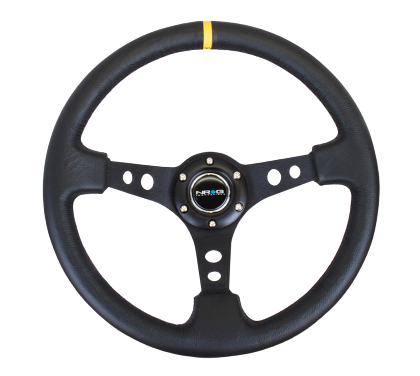 NRG Reinforced Steering Wheel (350mm / 3in. Deep) Blk Leather w/Blk Cutout Spoke/Yellow Center Mark
