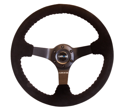 NRG Reinforced Steering Wheel (350mm / 3in. Deep) Blk Suede w/Blk BBall Stitch (Odi Bakchis Edition)