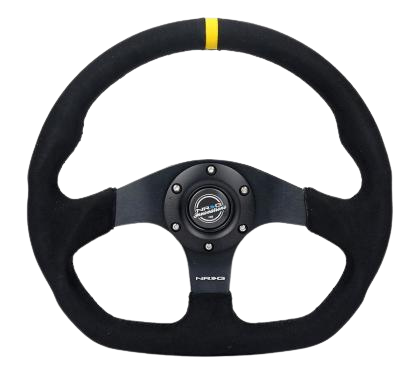NRG Reinforced Steering Wheel (320mm) Sport Alcantara Dual Push Buttons Flat Bottom w/Yellow Center