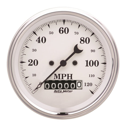 AutoMeter Gauge Speedo. 3-3/8in. 120MPH Elec. Prog. W/ Wheel Odo Old Tyme White 1679
