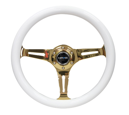 NRG Classic Wood Grain Steering Wheel (350mm) White Grip w/Chrome Gold 3-Spoke Center