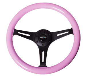 NRG Classic Wood Grain Steering Wheel (350mm) Solid Pink Painted Grip w/Black 3-Spoke Center