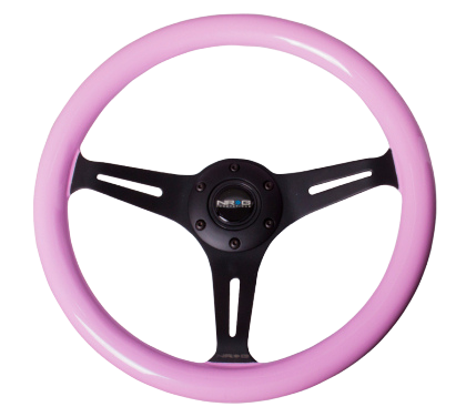 NRG Classic Wood Grain Steering Wheel (350mm) Solid Pink Painted Grip w/Black 3-Spoke Center