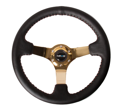 NRG Reinforced Steering Wheel (350mm / 3in. Deep) Blk Leather/Red BBall Stitch w/4mm Gold Spokes