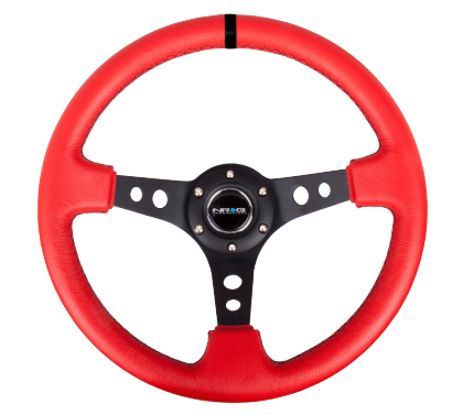 NRG Reinforced Steering Wheel (350mm / 3in. Deep) Red Suede w/Blk Circle Cutout Spokes
