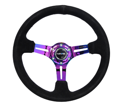 NRG Reinforced Steering Wheel (350mm / 3in. Deep) Classic Blk Sparkle w/4mm Neochrome 3-Spoke Cente