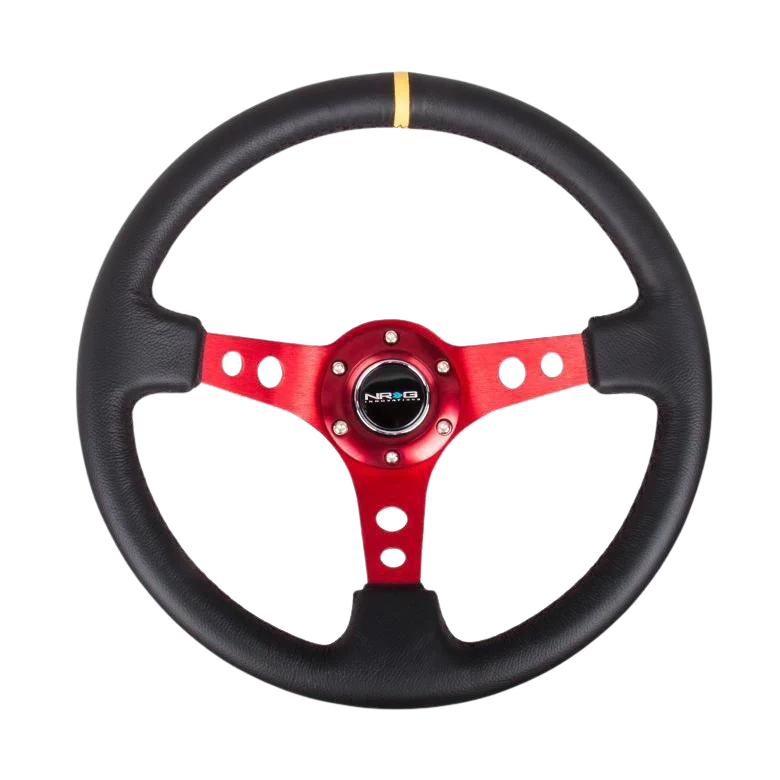 NRG Reinforced Steering Wheel (350mm / 3in. Deep) Blk Leather w/Red Spokes & Sgl Yellow Center Mark