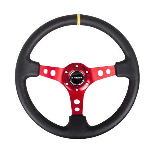 NRG Reinforced Steering Wheel (350mm / 3in. Deep) Blk Leather w/Red Spokes & Sgl Yellow Center Mark