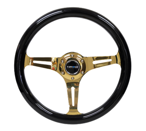 NRG Classic Wood Grain Steering Wheel (350mm) Black Grip w/Chrome Gold 3-Spoke Center