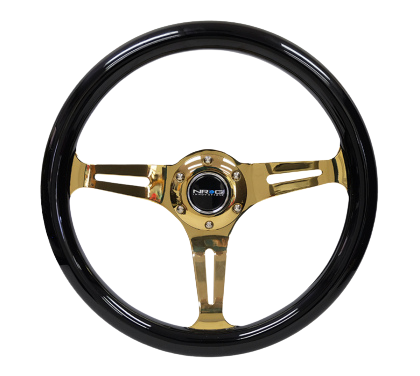 NRG Classic Wood Grain Steering Wheel (350mm) Black Grip w/Chrome Gold 3-Spoke Center