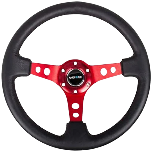 NRG Reinforced Steering Wheel (350mm / 3in. Deep) Blk Leather w/Red Circle Cutout Spokes