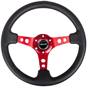 NRG Reinforced Steering Wheel (350mm / 3in. Deep) Blk Leather w/Red Circle Cutout Spokes
