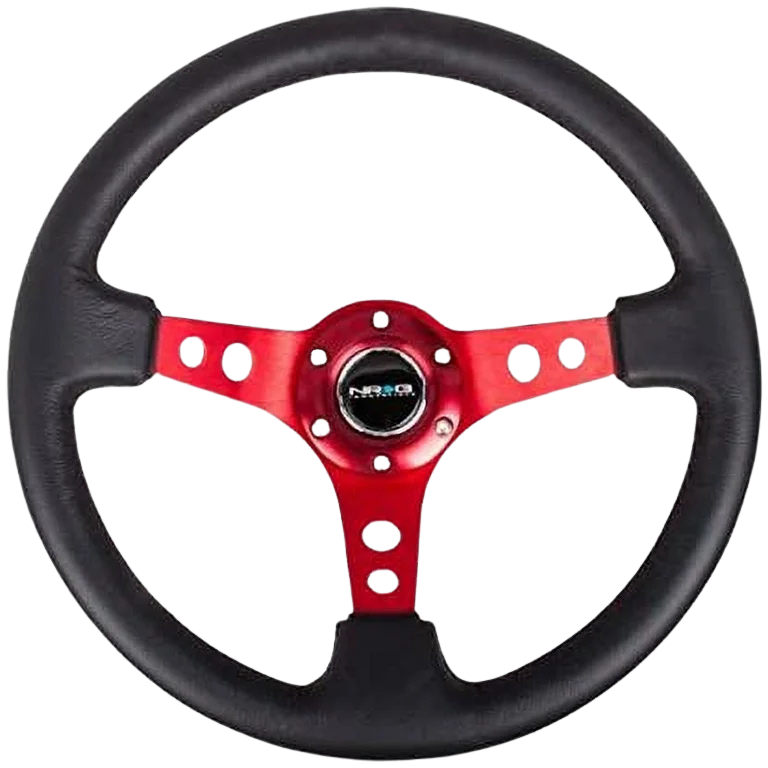 NRG Reinforced Steering Wheel (350mm / 3in. Deep) Blk Leather w/Red Circle Cutout Spokes