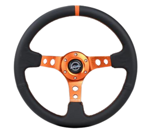 NRG Reinforce Steering Wheel (350mm / 3in. Deep) Blk Leather, Orange Center Mark w/ Orange Stitching