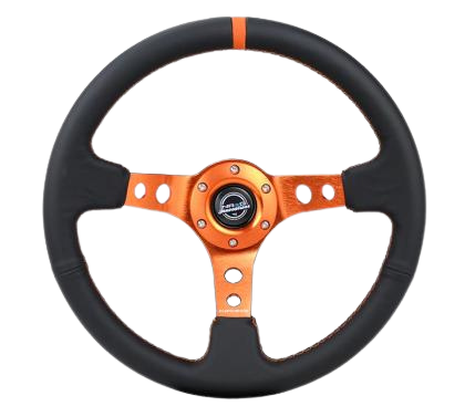 NRG Reinforce Steering Wheel (350mm / 3in. Deep) Blk Leather, Orange Center Mark w/ Orange Stitching