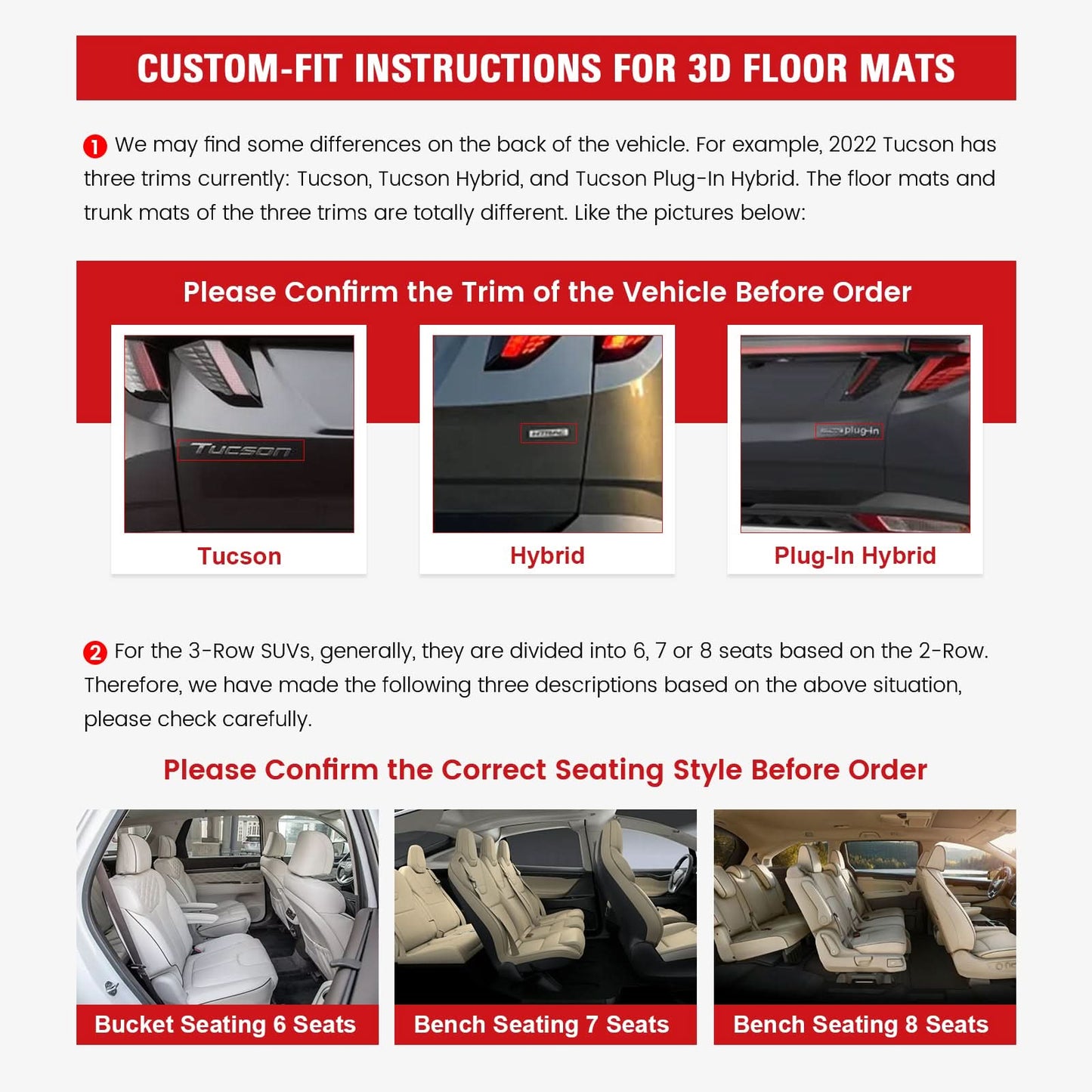2022-2024 Hyundai Tucson Non-Hybrid 3D Floor Mats TPE + Trunk Mat