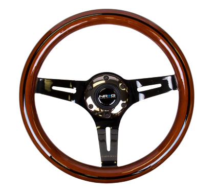 NRG Classic Wood Grain Steering Wheel (310mm) Dark Wood & Black Line Inlay w/Blk Chrome 3-Spoke Ctr.