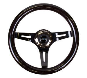 NRG Classic Wood Grain Steering Wheel (310mm) Black w/Black Chrome 3-Spoke Center
