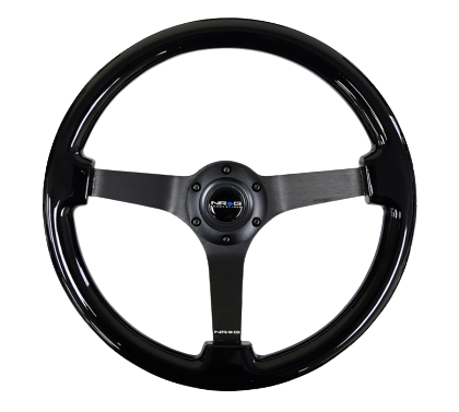 NRG Reinforced Steering Wheel (350mm / 3in. Deep) Black w/Black Chrome Solid 3-Spoke Center