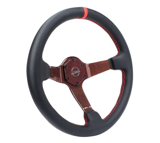 NRG Carbon Fiber Steering Wheel 350mm 3in Deep Red Carbon Fiber Red Stiching Red Center Mark Leather