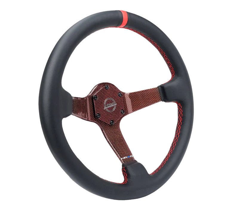 NRG Carbon Fiber Steering Wheel 350mm 3in Deep Red Carbon Fiber Red Stiching Red Center Mark Leather
