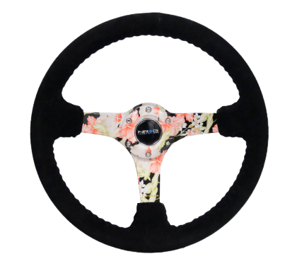 NRG Reinforced Steering Wheel (350mm / 3in. Deep) Blk Leather Floral Dipped w/ Blk Baseball Stitch