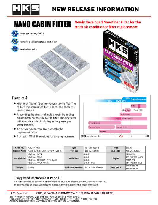 HKS Nano Cabin Filter Toyota Type3 70027-AT003