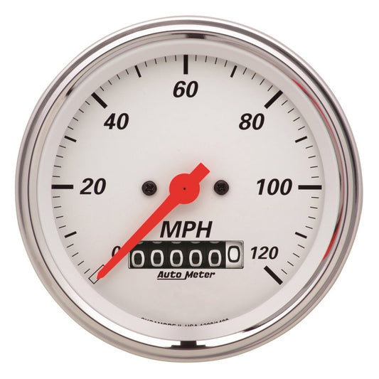 AutoMeter Gauge Speedometer 3-3/8in. 120MPH Elec. Prog. W/ Wheel Odo Arctic White 1379
