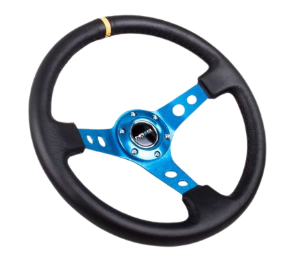 NRG Reinforced Steering Wheel (350mm / 3in. Deep) Blk Leather w/Blue Cutout Spoke & Single Yellow CM