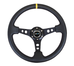 NRG Reinforced Steering Wheel (350mm / 3in. Deep) Blk Suede w/Circle Cut Spokes & Single Yellow CM
