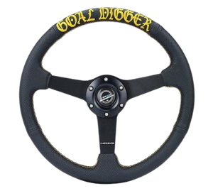 NRG Sport Steering Wheel (350mm / 1.5in Deep) Black Leather/Gold Stitch w/Matte Black Solid Spokes