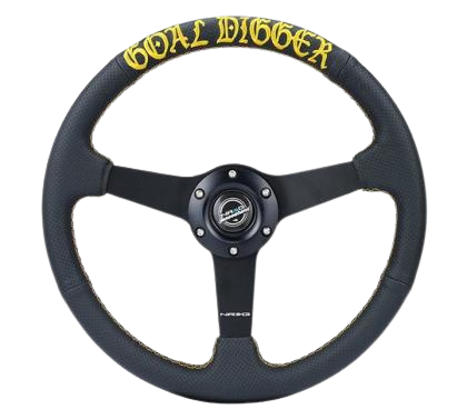 NRG Sport Steering Wheel (350mm / 1.5in Deep) Black Leather/Gold Stitch w/Matte Black Solid Spokes