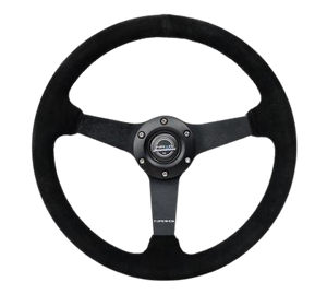 NRG Sport Steering Wheel (350mm / 1.5in Deep) Black Suede/Black Stitch w/Matte Black Solid Spokes