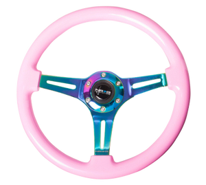 NRG Classic Wood Grain Steering Wheel (350mm) Solid Pink Painted Grip w/Neochrome 3-Spoke Center