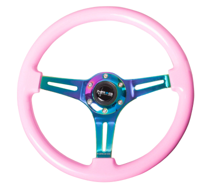 NRG Classic Wood Grain Steering Wheel (350mm) Solid Pink Painted Grip w/Neochrome 3-Spoke Center