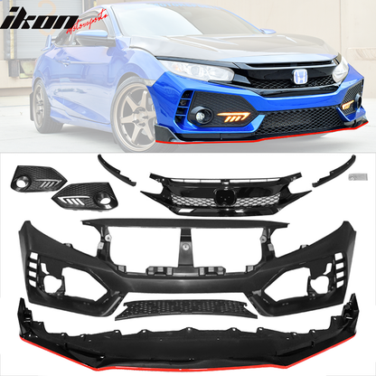 Fits 16-18 Honda Civic TR Front Bumper + Grille + Lip + Foglight Cover