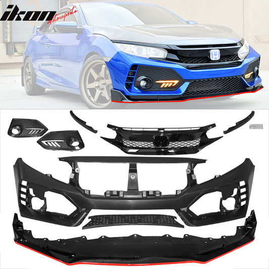 Fits 16-18 Honda Civic TR Front Bumper + Grille + Lip + Foglight Cover