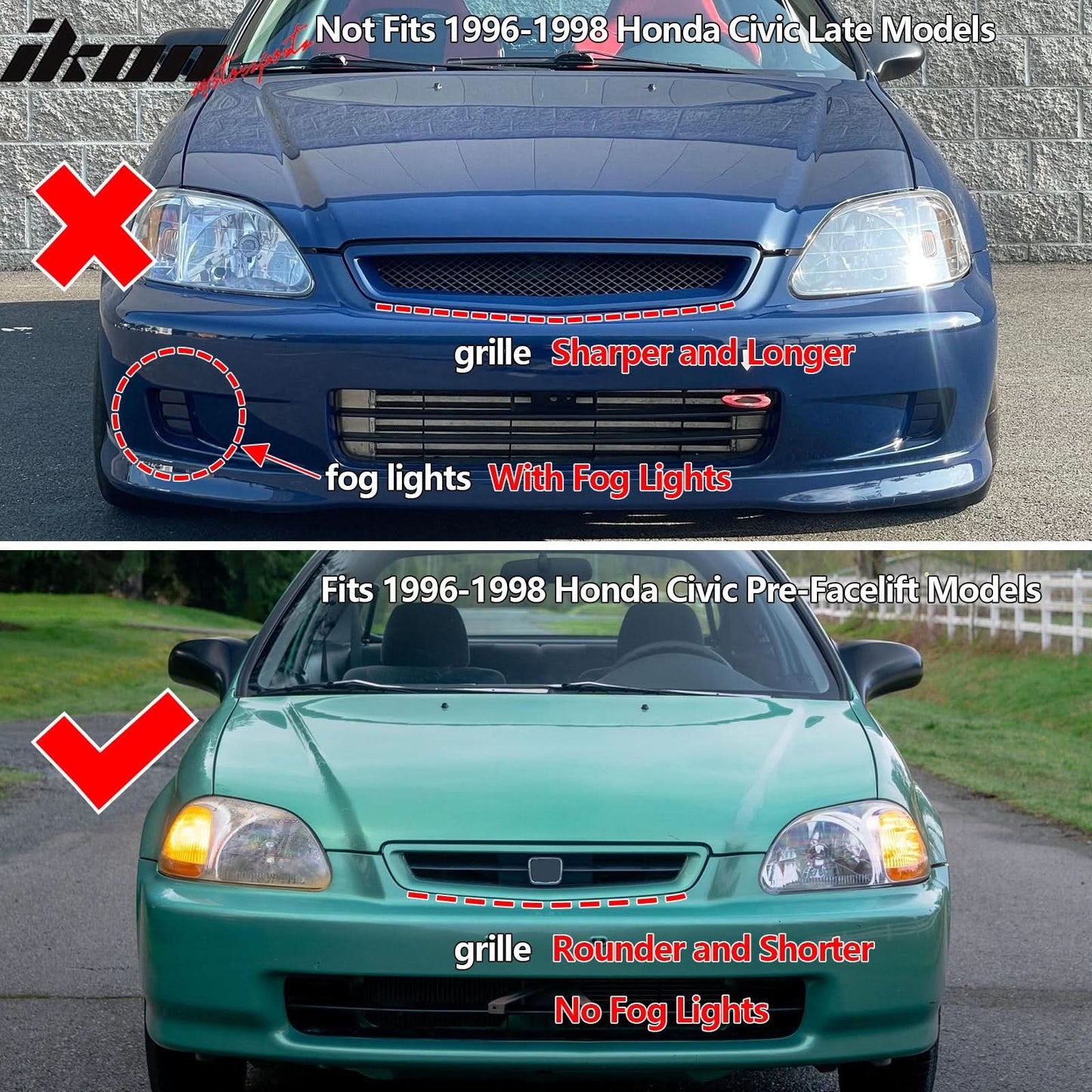 Fits 96-98 Civic 2Dr/Mugen Front Rear Bumper Lip + TR Front Grille