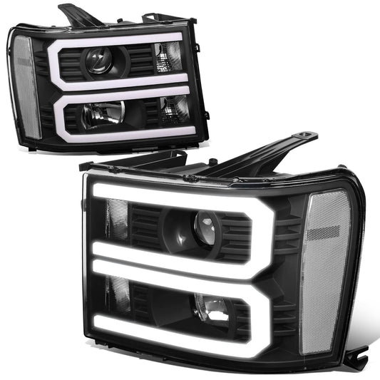 2007-2014 GMC Sierra Dual U-Bar LED DRL Headlights Black Housing