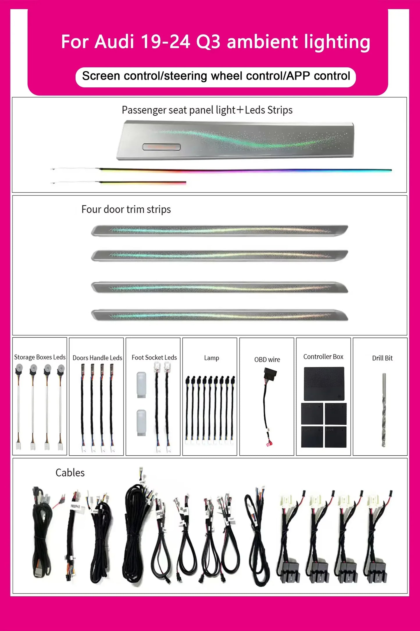 Audi Q3 Interior 64-Color Dynamic LED Ambient Light Kit 2019 - 2024