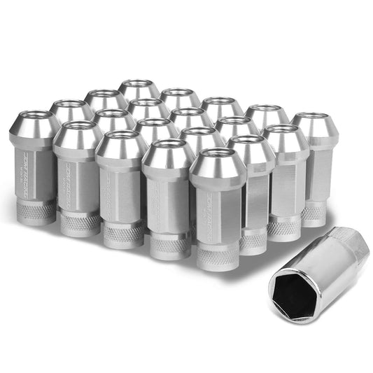 M12x1.5 Aluminum Lug Nuts - 50mm Extended Acorn Knurled - 20pc Silver