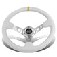 Universal 350MM Deep Dish Steering Wheel White Leather Silver Center