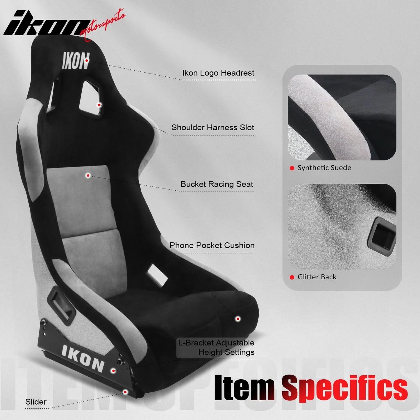 Universal Racing Bucket Seats Slider Suede Left+ Right Silver Black