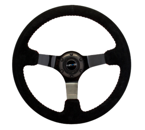 NRG Reinforced Steering Wheel (350mm / 3in. Deep) Blk Suede w/Red BBall Stitch & Black 3-Spoke