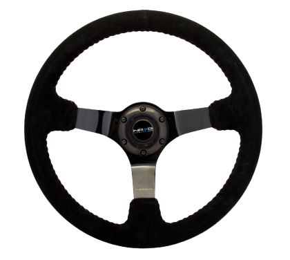 NRG Reinforced Steering Wheel (350mm / 3in. Deep) Blk Suede w/Red BBall Stitch & Black 3-Spoke