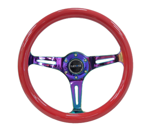 NRG Classic Wood Grain Steering Wheel (350mm) Red Grip w/Neochrome 3-Spoke Center