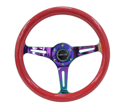 NRG Classic Wood Grain Steering Wheel (350mm) Red Grip w/Neochrome 3-Spoke Center
