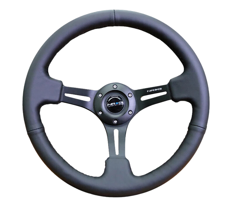 NRG Reinforced Steering Wheel (350mm / 3in. Deep) Black Leather w/ Black Stitching