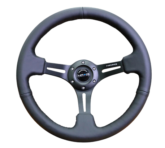 NRG Reinforced Steering Wheel (350mm / 3in. Deep) Black Leather w/ Black Stitching